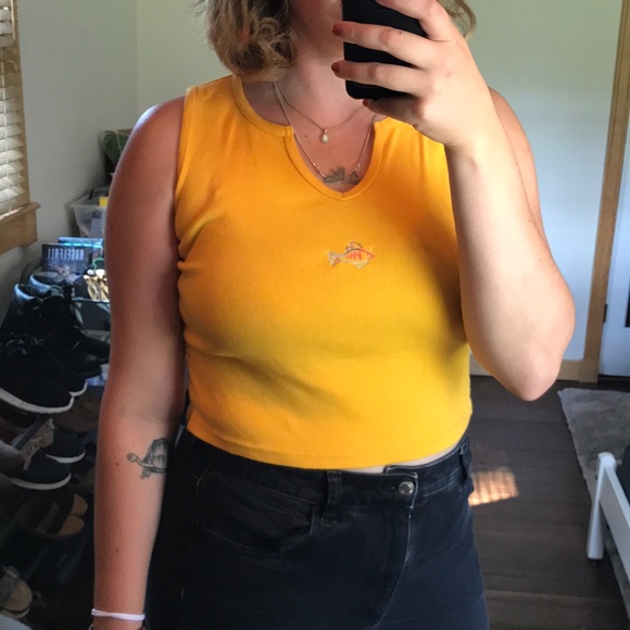 Cropped Yellow Tank Top w/ Custom Fish Embroidery - Picture 1 of 5